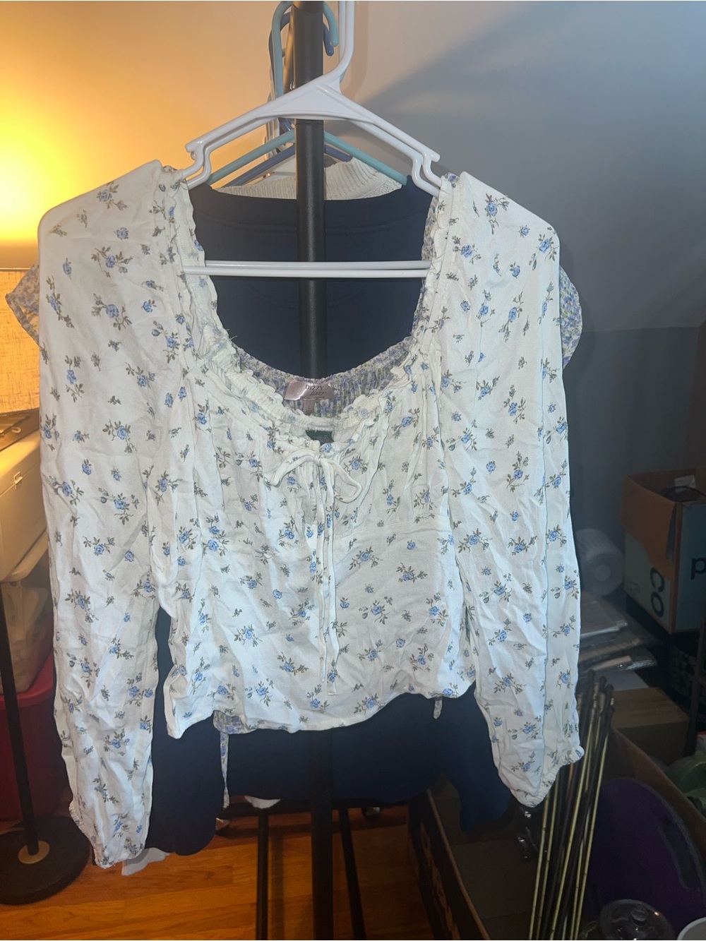 Women's White Floral Peasant Blouse with Blue Print